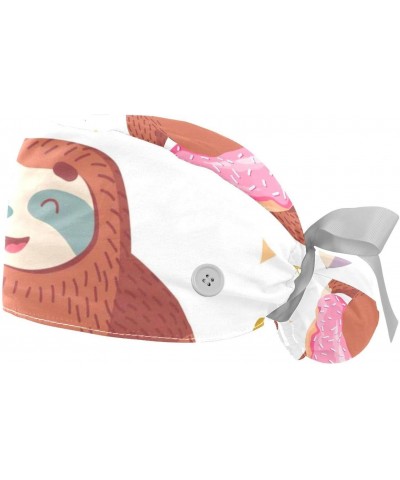 Cute Sloth Donut 2 Pcs Scrub Cap Working Cap with Buttons Adjustable Nurse Hat for Woman Man $9.67 Skullies & Beanies