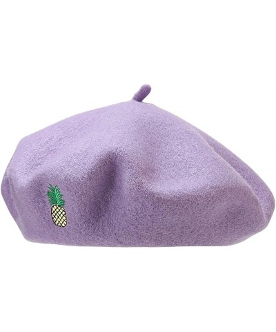 Women's Winter French Wool Beret Cute Pineapple Embroidery Hat Girl Holiday Party Painter Cap Gift Light Purple $8.99 Berets