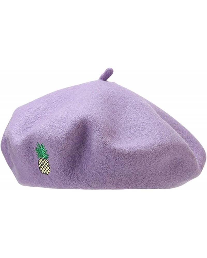 Women's Winter French Wool Beret Cute Pineapple Embroidery Hat Girl Holiday Party Painter Cap Gift Light Purple $8.99 Berets