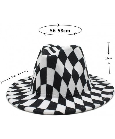 Cap and Winter Chessboard Top Hat Black Check Big Brim Felt Hat Spring and Autumn Woolen Jazz Hat Fengyan Cowboy Hats Black P...