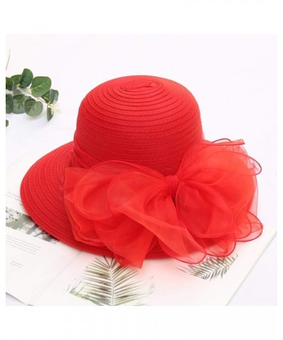 Women Organza Fascinator Hat, Women's Derby Church Hat Wide Brim Leaf Flower Bridal Shower Hat 2022 Fashion Sun Hats Red-2 $1...