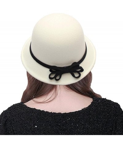 Women Winter Bucket Hat Felt Fedora Hat Warm Wool Bowler Hat Fisherman Cap 1-bowknot White $15.59 Bucket Hats