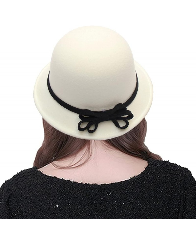 Women Winter Bucket Hat Felt Fedora Hat Warm Wool Bowler Hat Fisherman Cap 1-bowknot White $15.59 Bucket Hats