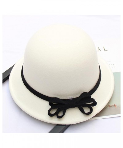 Women Winter Bucket Hat Felt Fedora Hat Warm Wool Bowler Hat Fisherman Cap 1-bowknot White $15.59 Bucket Hats