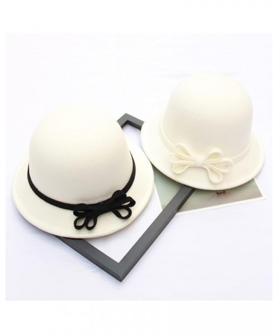 Women Winter Bucket Hat Felt Fedora Hat Warm Wool Bowler Hat Fisherman Cap 1-bowknot White $15.59 Bucket Hats