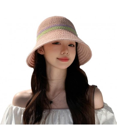 Womens Knitted Bucket Hats Fashion Crochet Sun Hat Wide Brim Summer Beach Cap UV Protection Foldable Outdoor Pink $9.03 Sun Hats