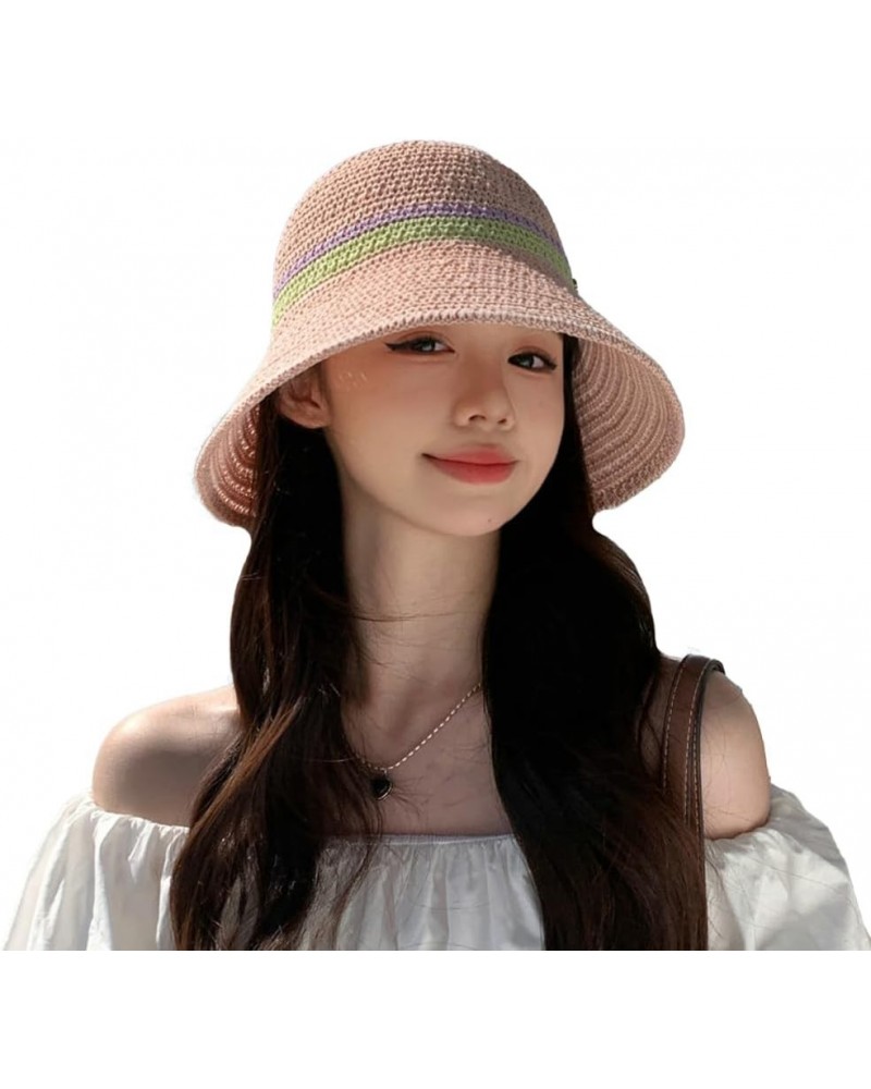 Womens Knitted Bucket Hats Fashion Crochet Sun Hat Wide Brim Summer Beach Cap UV Protection Foldable Outdoor Pink $9.03 Sun Hats