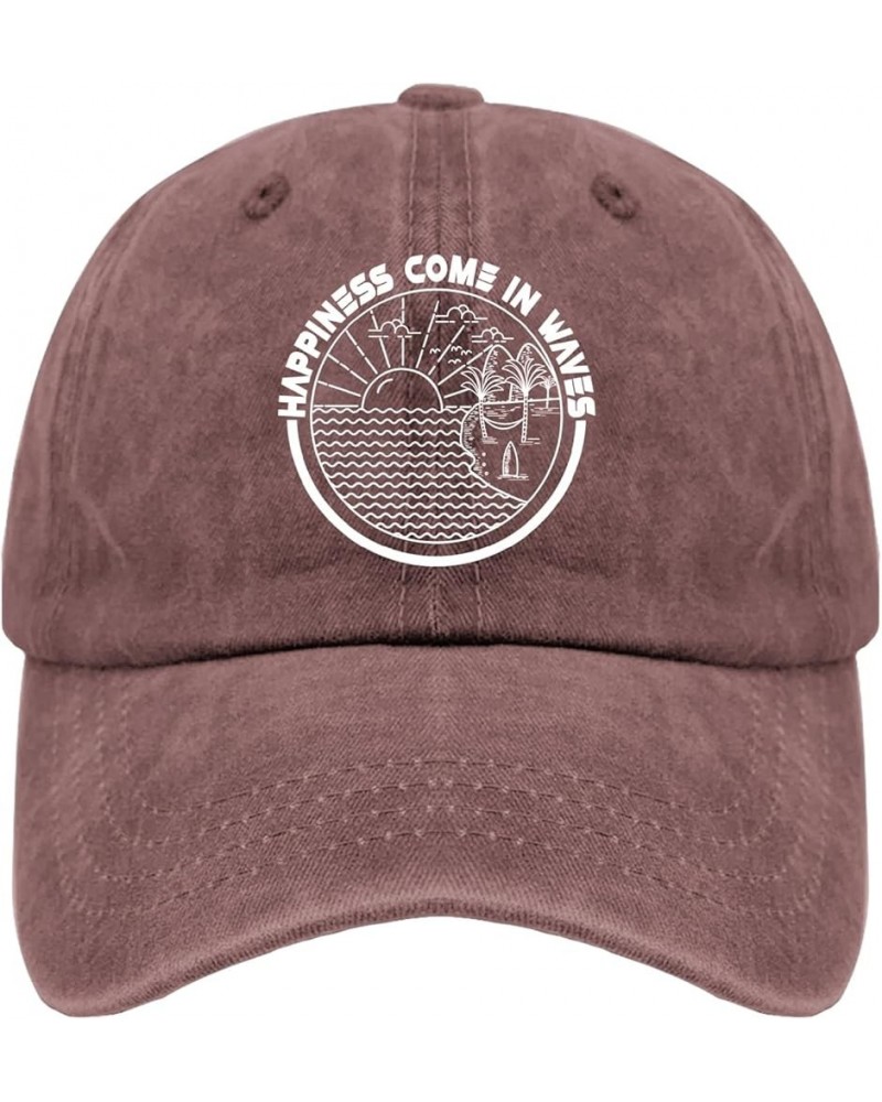 Happiness Come in Waves Baseball Cap Mom Hat Pigment Black Men Hats Gifts for Son Baseball Hats Wine Red $9.46 Bucket Hats