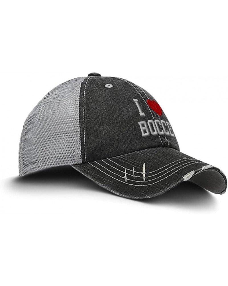 Custom Distressed Trucker Hat I (Love) Bocce Red Heart Sports Lovers Cotton Black Gray Design Only $12.60 Baseball Caps