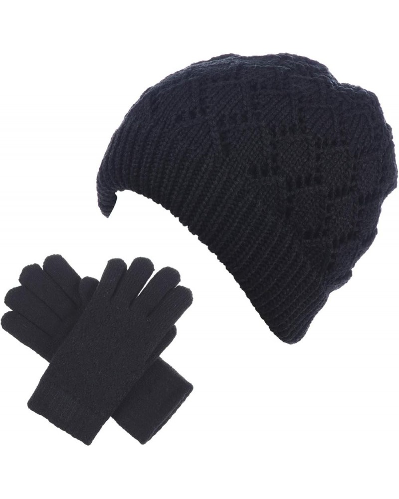 BYOS Womens Winter Knit Plush Fleece Lined Beanie Ski Hat Sk Skullie Various Styles Diamond Hat & Gloves Set-black $12.34 Sku...