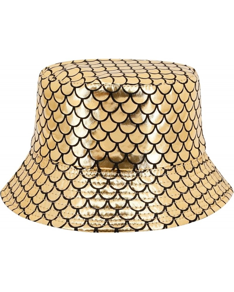 Unisex Fashion Hologram Climbing Bucket Hat Waterproof Fisherman Cap Travel Sunhat Metallic Gold Fish Scale $13.11 Bucket Hats