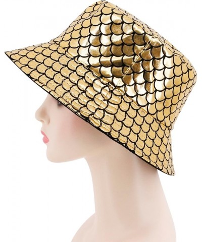 Unisex Fashion Hologram Climbing Bucket Hat Waterproof Fisherman Cap Travel Sunhat Metallic Gold Fish Scale $13.11 Bucket Hats