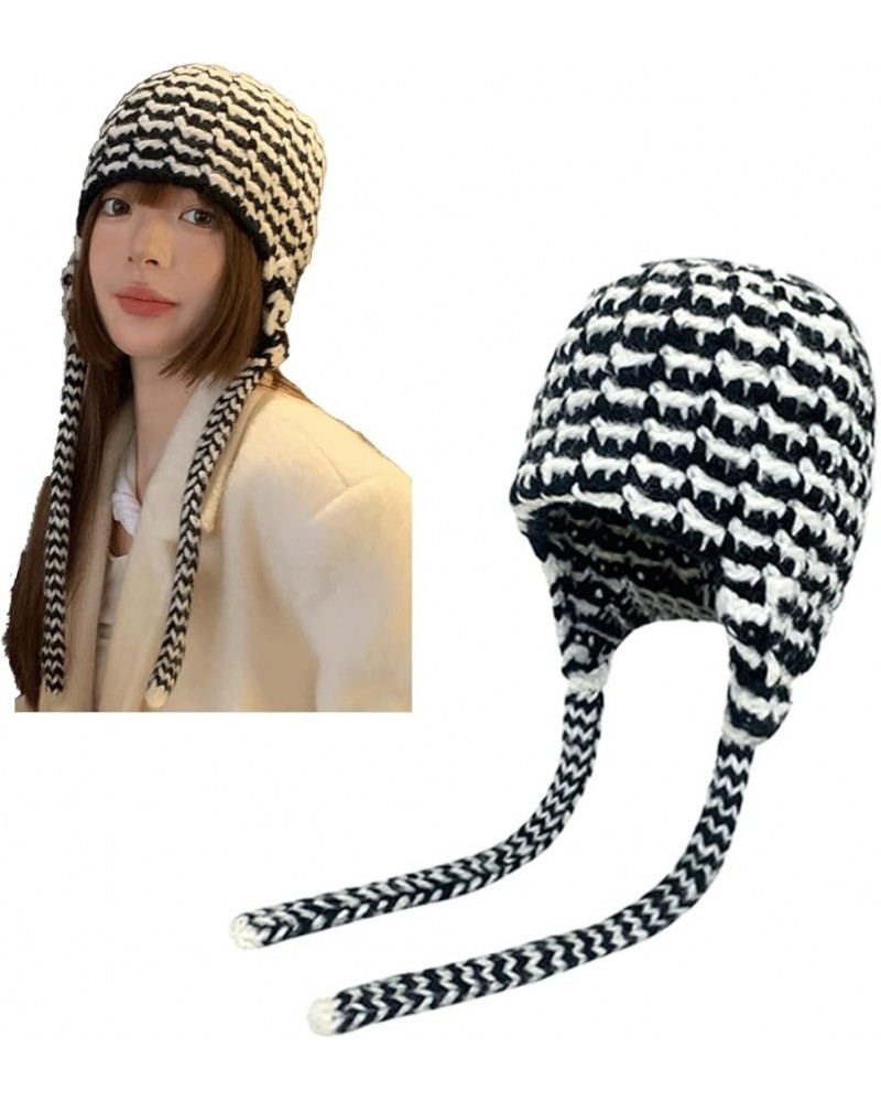 Y2K Beanie for Women Teenager Grunge Knitted Skull Cap Earflap Slouchy Emo Crochet Accessories Warm Winter Hat Black+white $1...