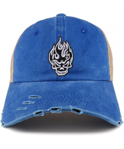 Flame Black White Skull Patch Frayed Bill Trucker Mesh Back Cap Royal $11.50 Baseball Caps