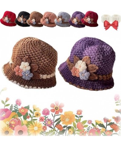 French Thicken Women's Flowers Knitted Woolen Hat, Winter Outdoor Warm Windproof Knitted Crochet Beanie Hat for Women 2pcs-b ...