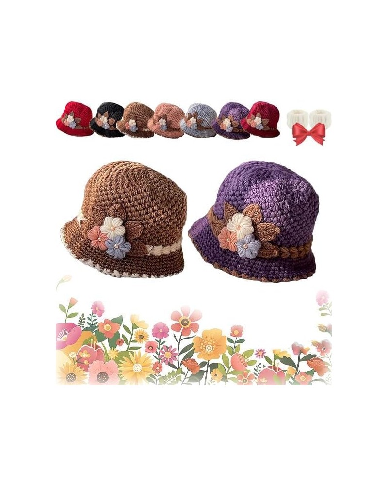 French Thicken Women's Flowers Knitted Woolen Hat, Winter Outdoor Warm Windproof Knitted Crochet Beanie Hat for Women 2pcs-b ...