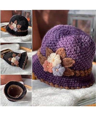 French Thicken Women's Flowers Knitted Woolen Hat, Winter Outdoor Warm Windproof Knitted Crochet Beanie Hat for Women 2pcs-b ...