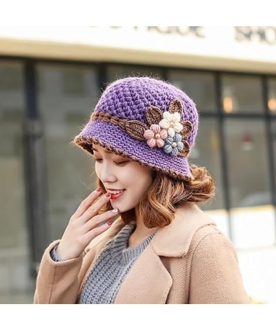 French Thicken Women's Flowers Knitted Woolen Hat, Winter Outdoor Warm Windproof Knitted Crochet Beanie Hat for Women 2pcs-b ...