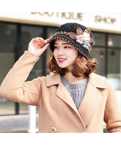 French Thicken Women's Flowers Knitted Woolen Hat, Winter Outdoor Warm Windproof Knitted Crochet Beanie Hat for Women 2pcs-b ...