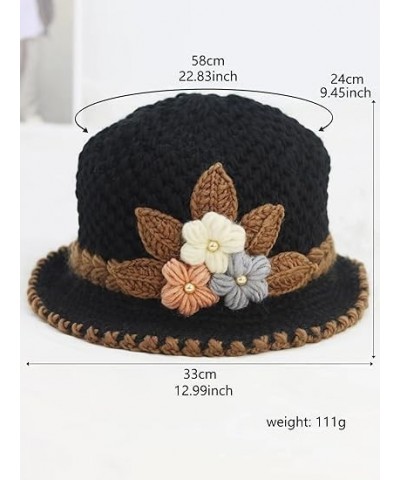 French Thicken Women's Flowers Knitted Woolen Hat, Winter Outdoor Warm Windproof Knitted Crochet Beanie Hat for Women 2pcs-b ...