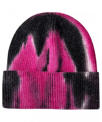 Unisex Tie-Dye Woolen Knitted Hat Winter Warm Outdoor Ski Knitted Hat Casual Cap for Women Men Hot Pink $9.37 Skullies & Beanies