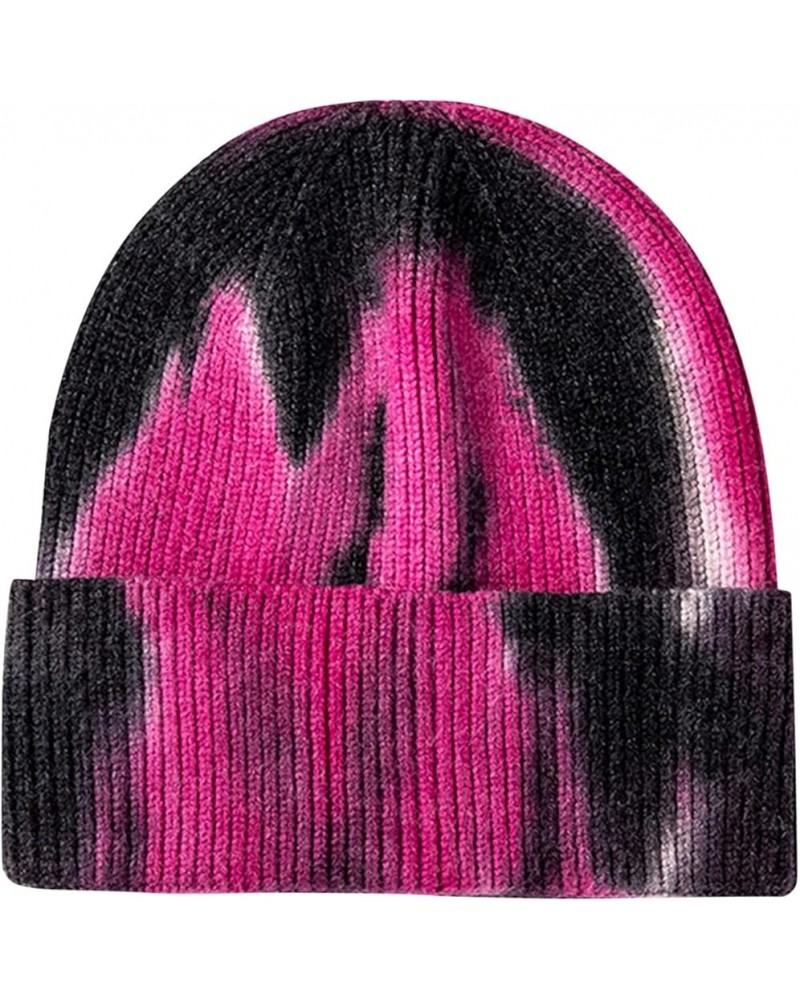 Unisex Tie-Dye Woolen Knitted Hat Winter Warm Outdoor Ski Knitted Hat Casual Cap for Women Men Hot Pink $9.37 Skullies & Beanies