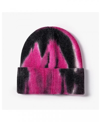 Unisex Tie-Dye Woolen Knitted Hat Winter Warm Outdoor Ski Knitted Hat Casual Cap for Women Men Hot Pink $9.37 Skullies & Beanies