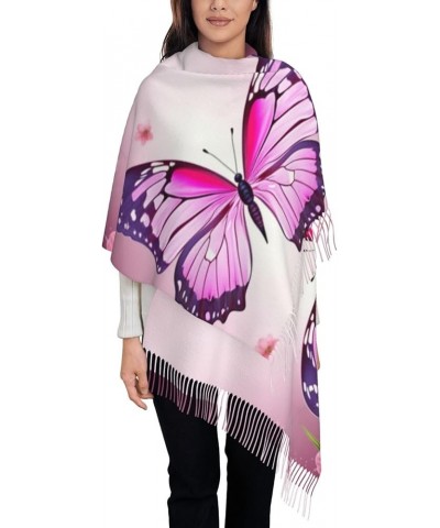 Purple Butterfly print Faux Cashmere Long Velvet Tassel Scarf Winter Warm Shawl Scarf Pink Butterfly $17.88 Scarves