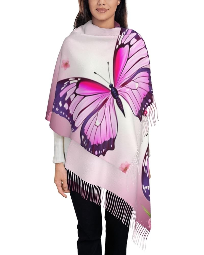 Purple Butterfly print Faux Cashmere Long Velvet Tassel Scarf Winter Warm Shawl Scarf Pink Butterfly $17.88 Scarves