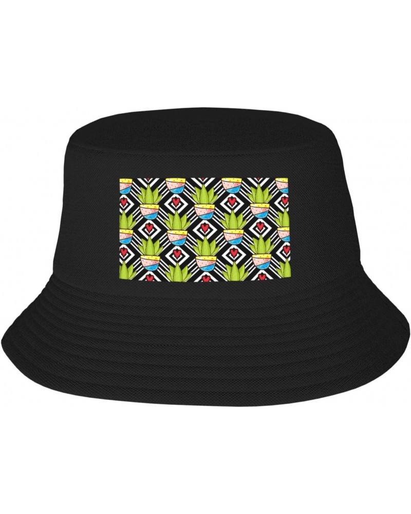 Cactus Pattern Seamless Figure Bucket Hat for Women Men Bucket Hats Summer Sun Hats Beach Travel Fishing Golf Cap Black $10.0...