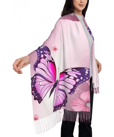 Purple Butterfly print Faux Cashmere Long Velvet Tassel Scarf Winter Warm Shawl Scarf Pink Butterfly $17.88 Scarves