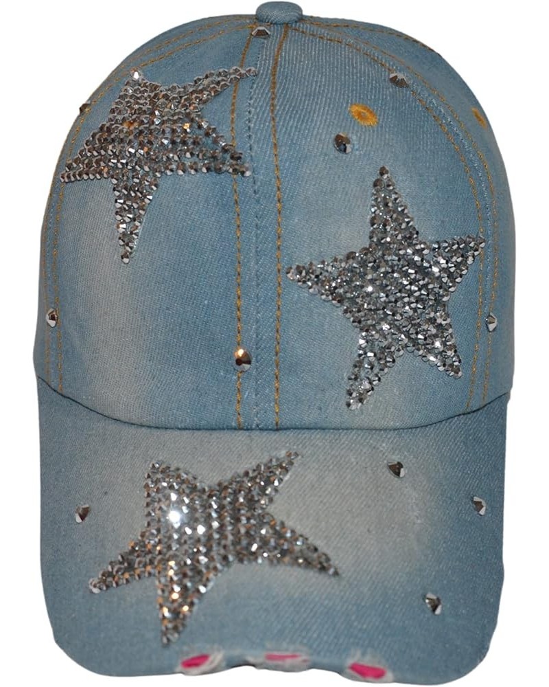 Bling Baseball Cap for Women and Girls, Fun Bedazzled Hats, Shiny Rhinestone Denim and Diamond Hat, Sparkly Gifts Triple Star...