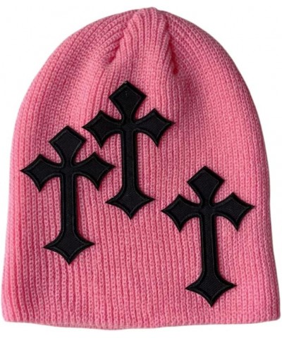 Y2K Dark Cross Wool Hat Cross Pattern Fashion Loose Pile Hat Slim Knit Hat Cold Hat for Men Women (White) Pink $13.64 Skullie...