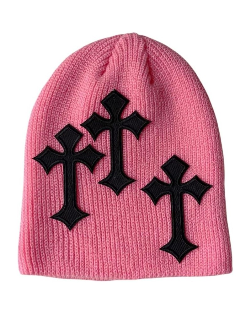 Y2K Dark Cross Wool Hat Cross Pattern Fashion Loose Pile Hat Slim Knit Hat Cold Hat for Men Women (White) Pink $13.64 Skullie...