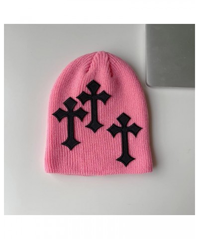 Y2K Dark Cross Wool Hat Cross Pattern Fashion Loose Pile Hat Slim Knit Hat Cold Hat for Men Women (White) Pink $13.64 Skullie...