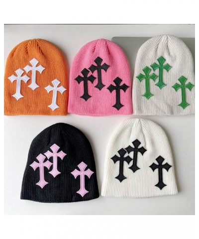 Y2K Dark Cross Wool Hat Cross Pattern Fashion Loose Pile Hat Slim Knit Hat Cold Hat for Men Women (White) Pink $13.64 Skullie...