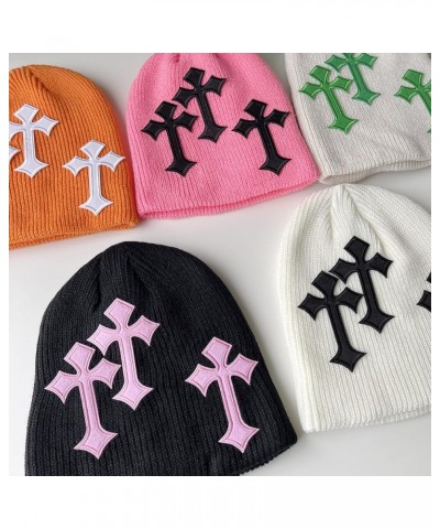 Y2K Dark Cross Wool Hat Cross Pattern Fashion Loose Pile Hat Slim Knit Hat Cold Hat for Men Women (White) Pink $13.64 Skullie...