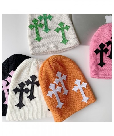 Y2K Dark Cross Wool Hat Cross Pattern Fashion Loose Pile Hat Slim Knit Hat Cold Hat for Men Women (White) Pink $13.64 Skullie...