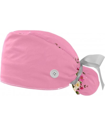 2-Pc Bouffant Turban Hats,Tie Back Hat with Buttons,Fishing Hat,Peony Pink Flower $11.44 Skullies & Beanies