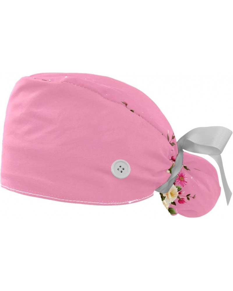 2-Pc Bouffant Turban Hats,Tie Back Hat with Buttons,Fishing Hat,Peony Pink Flower $11.44 Skullies & Beanies