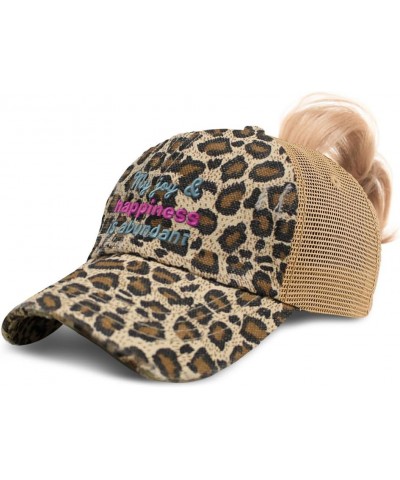 Womens Ponytail Cap My Joy & Happiness is Abundant B Cotton Distressed Trucker Hats Leopard $15.89 Baseball Caps