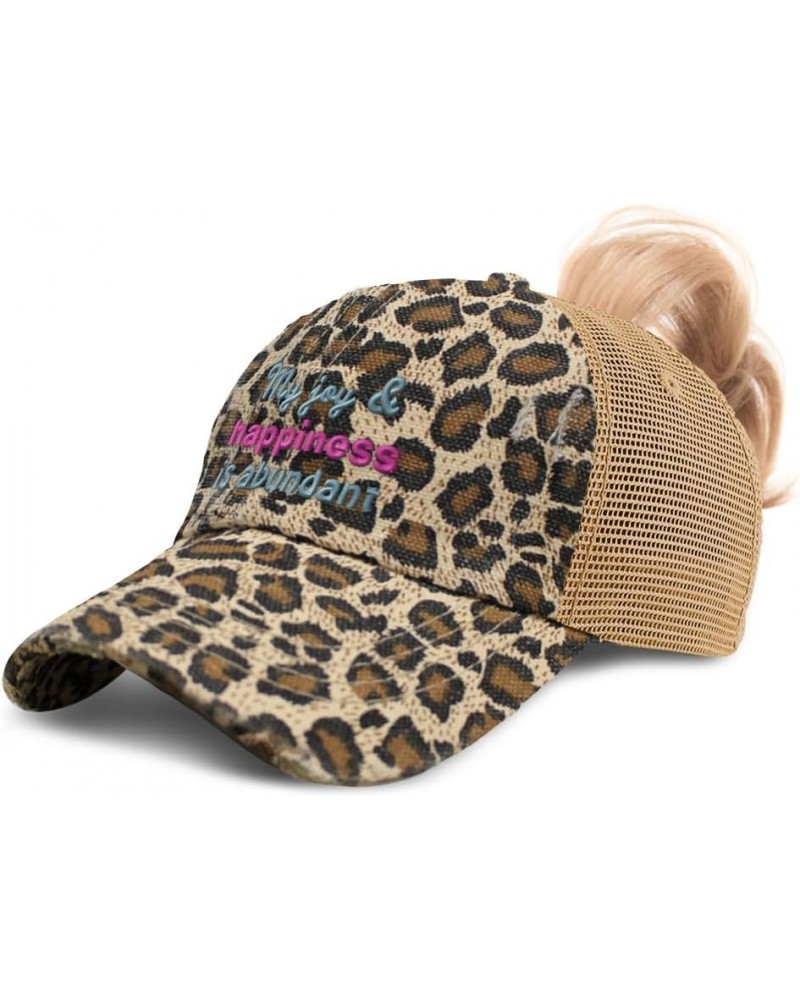 Womens Ponytail Cap My Joy & Happiness is Abundant B Cotton Distressed Trucker Hats Leopard $15.89 Baseball Caps