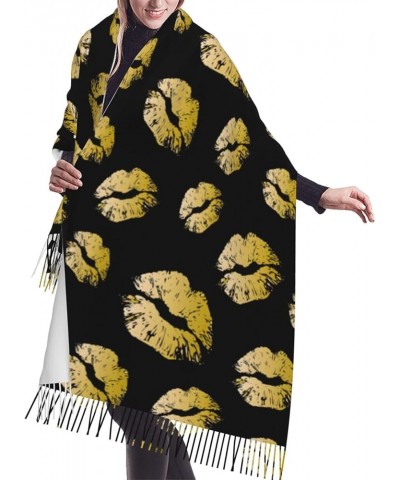 Gold Lips Print Tassel Scarf -Women'S Thick Large Blanket Shawl Scarf Winter Warm Shawl Scarf, Gold Lips $14.86 Scarves