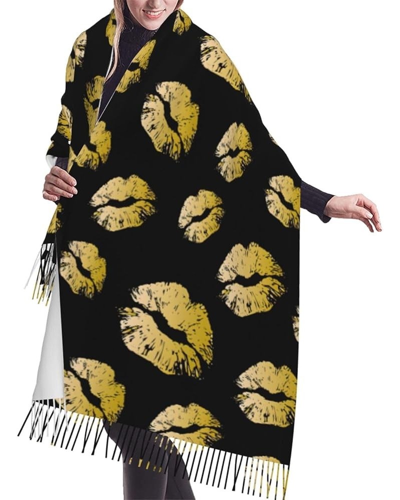 Gold Lips Print Tassel Scarf -Women'S Thick Large Blanket Shawl Scarf Winter Warm Shawl Scarf, Gold Lips $14.86 Scarves