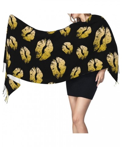 Gold Lips Print Tassel Scarf -Women'S Thick Large Blanket Shawl Scarf Winter Warm Shawl Scarf, Gold Lips $14.86 Scarves