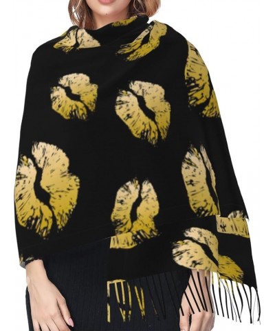 Gold Lips Print Tassel Scarf -Women'S Thick Large Blanket Shawl Scarf Winter Warm Shawl Scarf, Gold Lips $14.86 Scarves