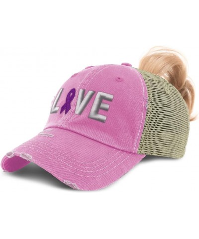 Womens Ponytail Cap Love Cancer Support Purple Cotton Distressed Trucker Hats Soft Pink $14.55 Baseball Caps