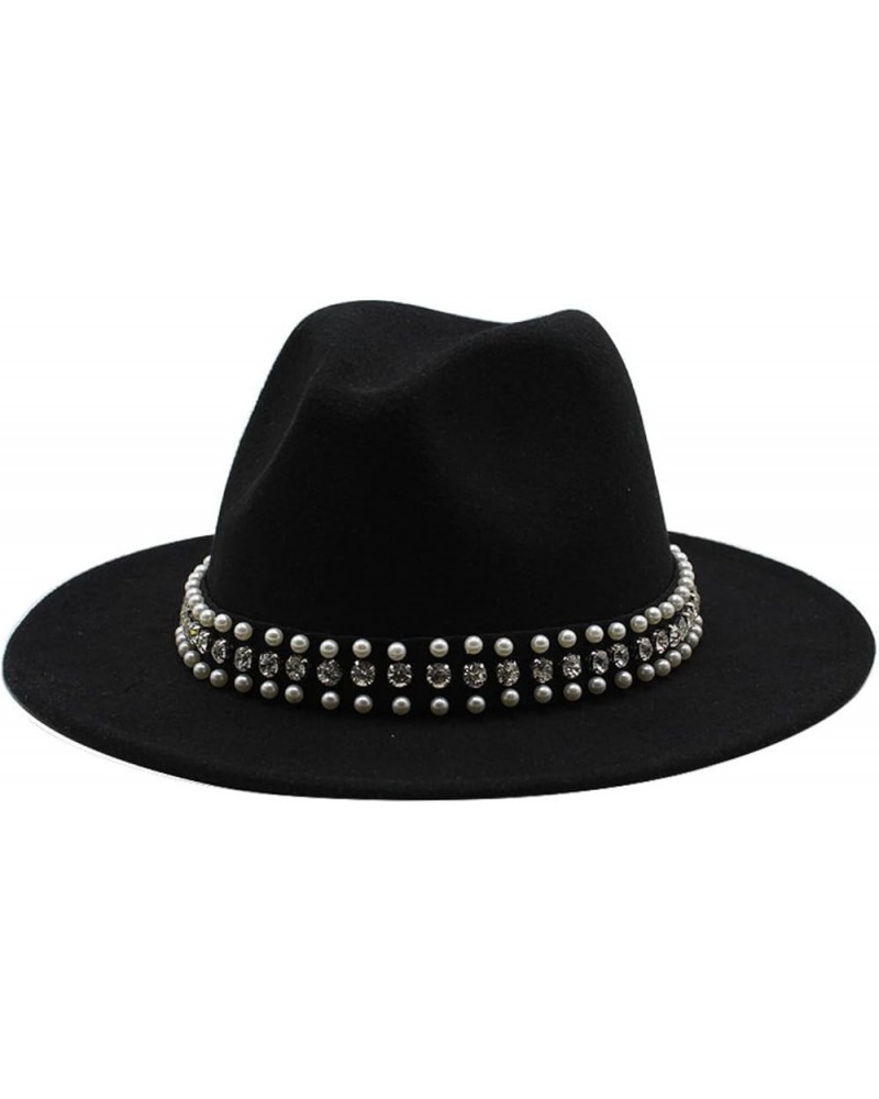 Women Men Fedora Hats Casual Wool Jazz Hat Ribbon Belt with Pearl Wide Brim Felt Panama Hat Trilby Formal Party Cap Black $19...