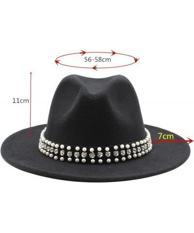 Women Men Fedora Hats Casual Wool Jazz Hat Ribbon Belt with Pearl Wide Brim Felt Panama Hat Trilby Formal Party Cap Black $19...