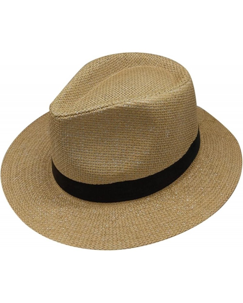 Unisex Fashion Solid Color British Sun Hat Wide Brim Straw Hat Adult Jazz Straw Hat Jazz Hat Vs Headband A-khaki $11.05 Sun Hats